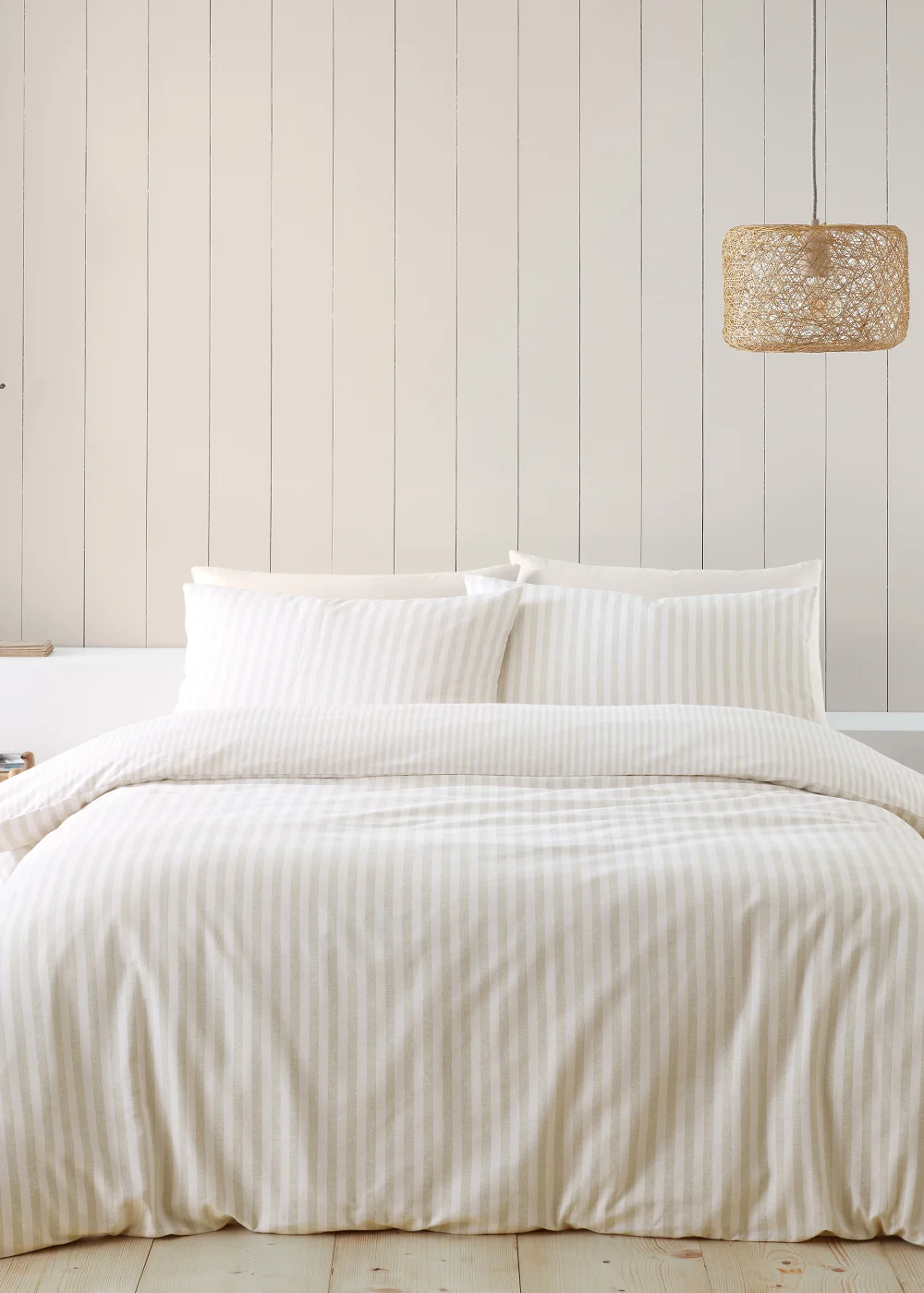 Catherine Lansfield Brushed Stripe Cotton Reversible Duvet Cover Set Natural - Single Image 1