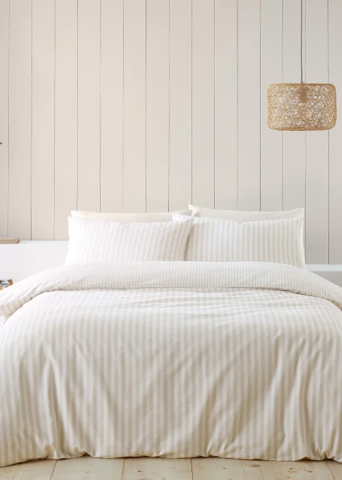 Catherine Lansfield Brushed Stripe Cotton Reversible Duvet Cover Set Natural - Single Image 1