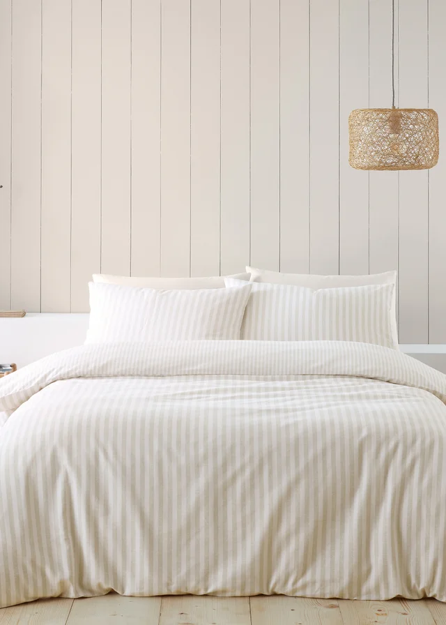 Catherine Lansfield Brushed Stripe Cotton Reversible Duvet Cover Set Natural