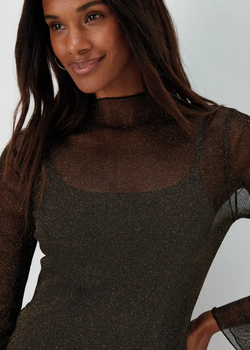 Black Metallic Long Sleeve Mesh Top - 8 Image 3