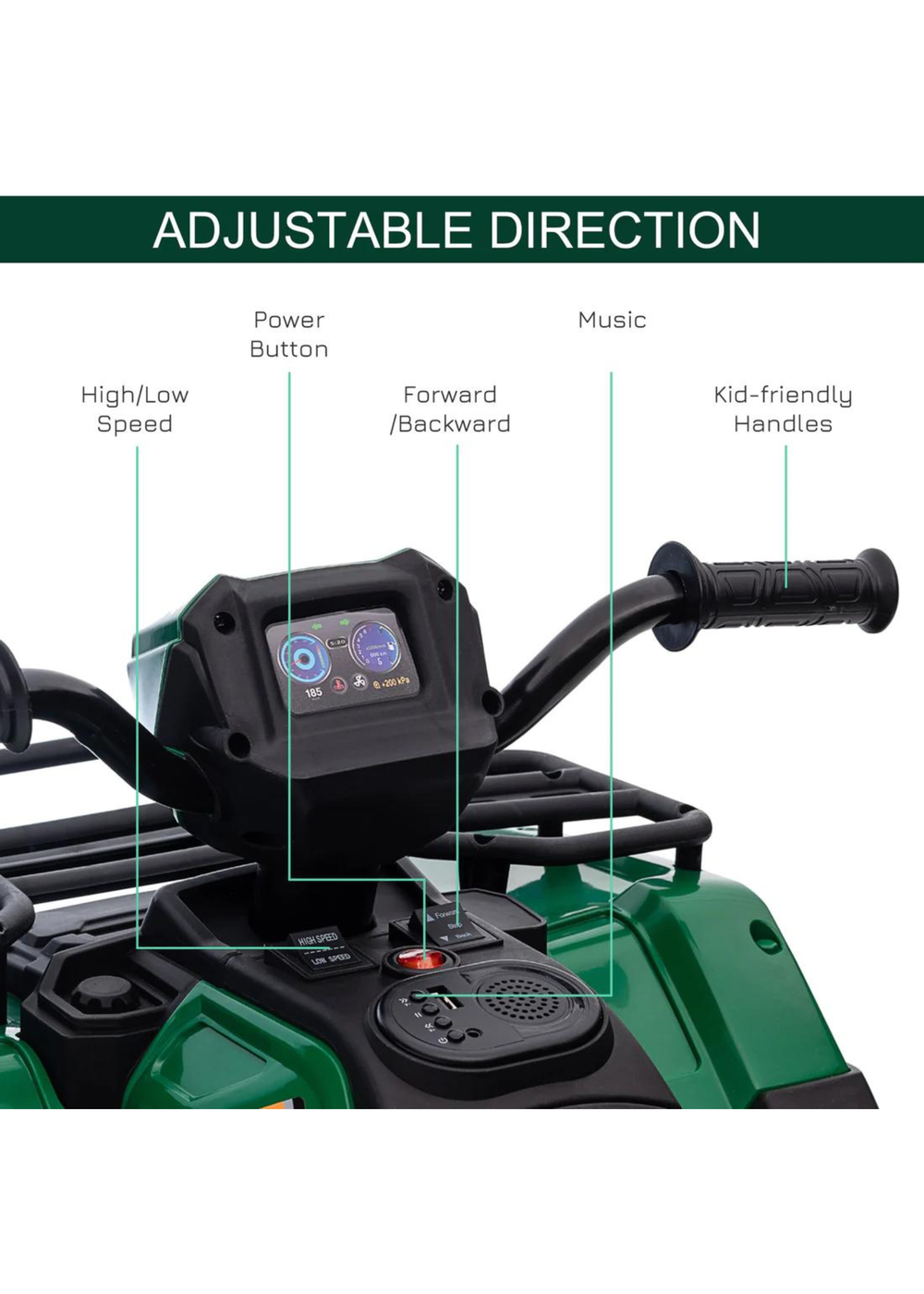 HOMCOM 12V Electric Quad Bike for Kids with LED Headlights and Music (Green) - One Size Image 4