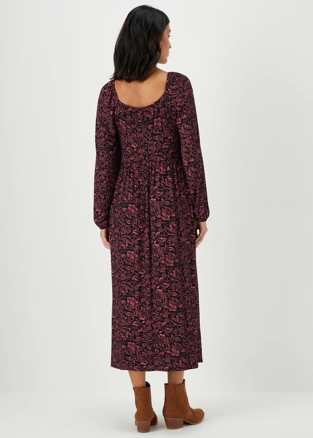 Black Paisley Long Sleeve Shirred Midi Dress - 8 Image 2