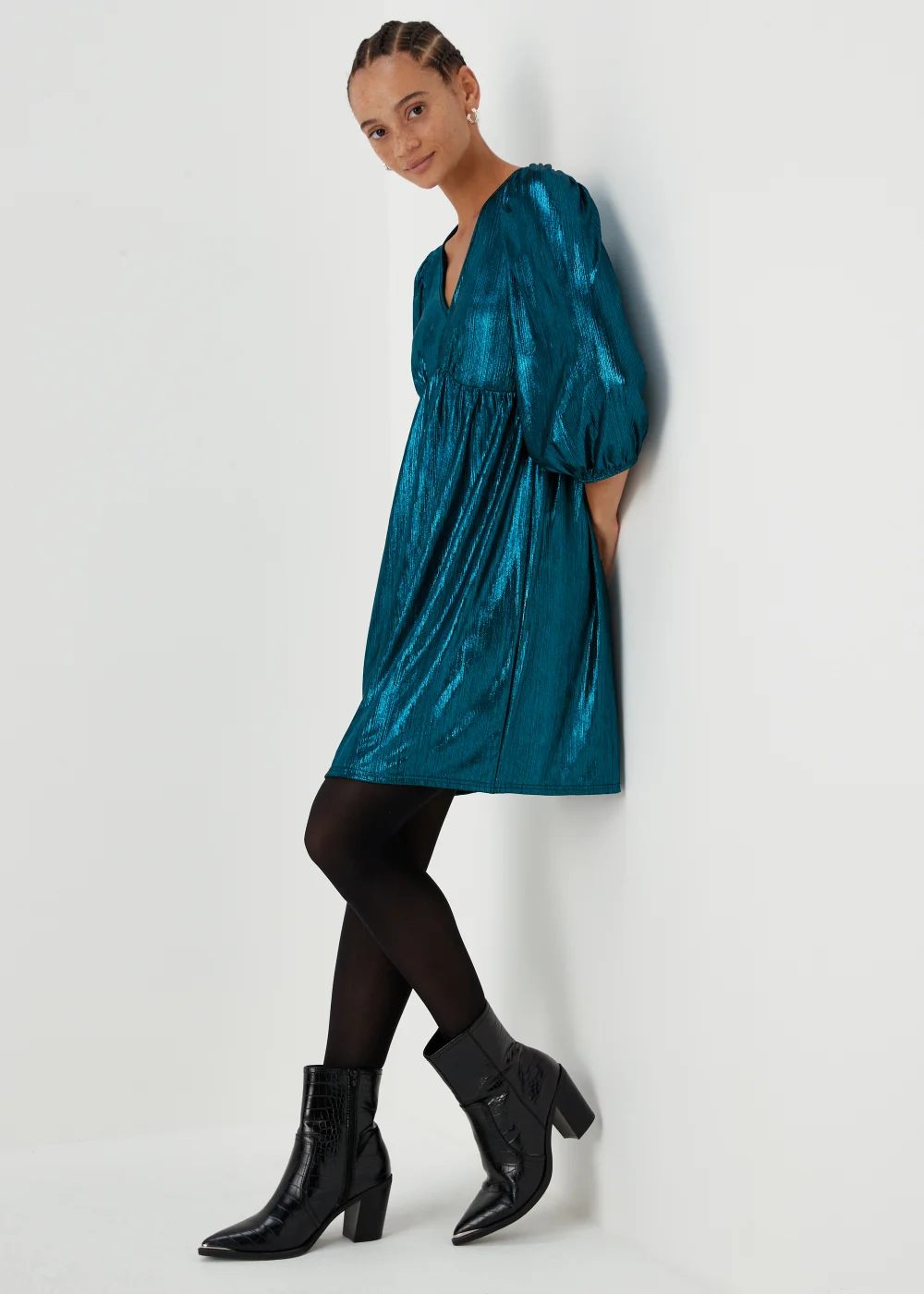 Turquoise Metallic Ribbed Belted Mini Dress - 8 Image 4