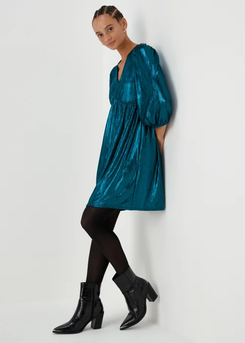 Turquoise Metallic Ribbed Belted Mini Dress - 8 Image 4