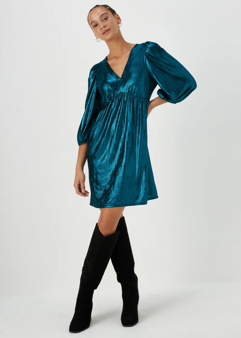 Turquoise Metallic Ribbed Belted Mini Dress - 8 Image 1