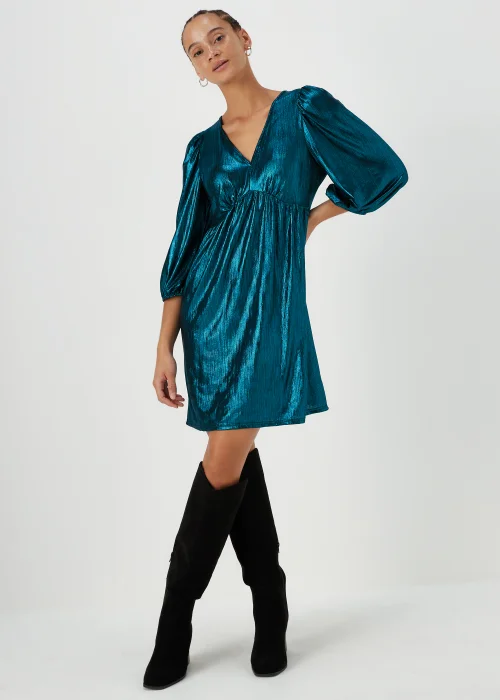 Turquoise Metallic Ribbed Belted Mini Dress - 8 Image 1