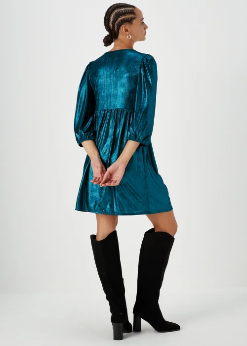 Turquoise Metallic Ribbed Belted Mini Dress - 8 Image 2