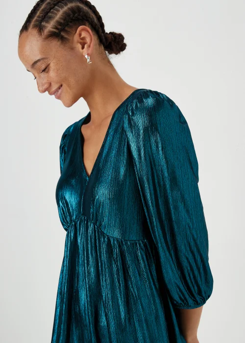 Turquoise Metallic Ribbed Belted Mini Dress - 8 Image 3