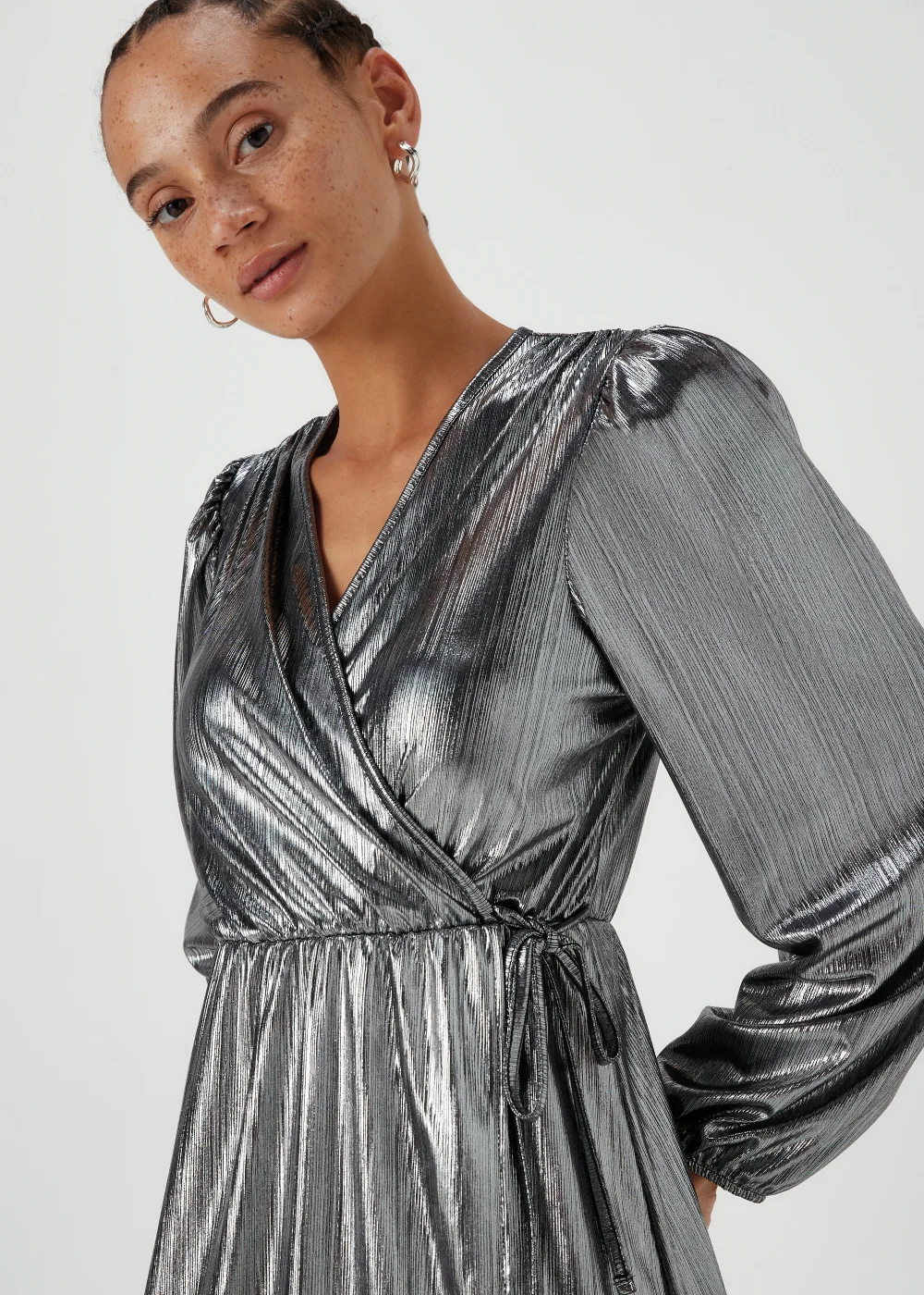 Silver Metallic Plisse Wrap Mini Dress - 8 Image 3