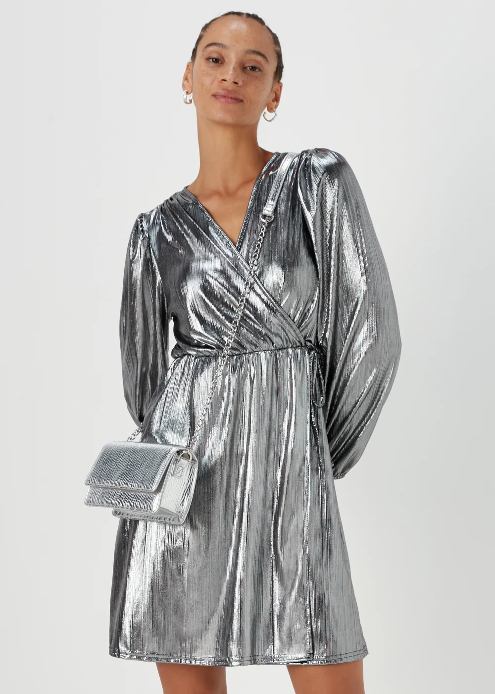 Silver Metallic Plisse Wrap Mini Dress - 8 Image 1