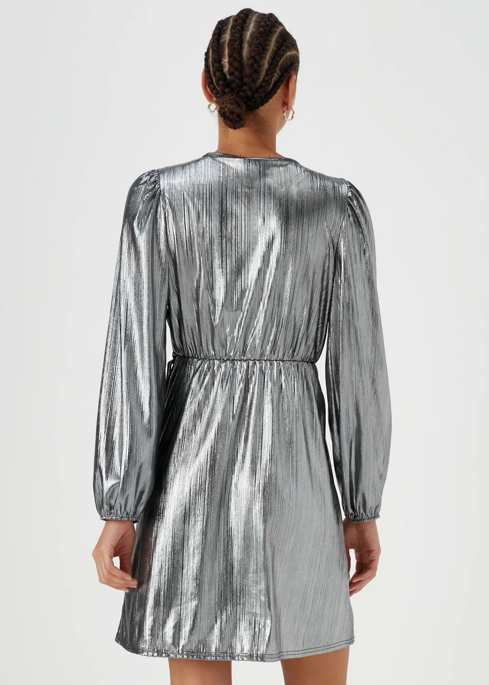 Silver Metallic Plisse Wrap Mini Dress - 8 Image 2