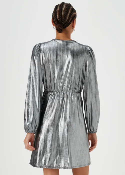 Silver Metallic Plisse Wrap Mini Dress - 8 Image 2