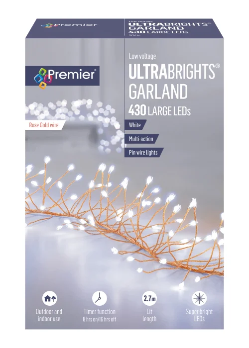Premier Decorations 430 Large White LED Rose Gold Ultrabrights Garland - One Size Image 1