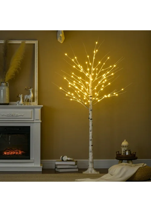 HOMCOM 6ft Artificial White Birch Tree Light with Warm White Pre-Lit LED Light for Indoor and Covered Outdoor Use - 120cm Image 1