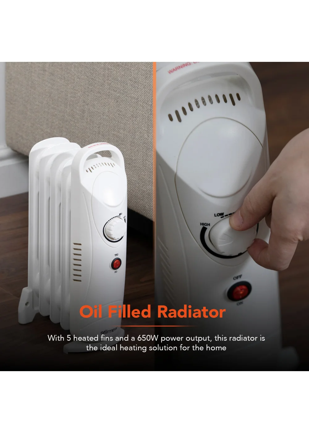 Warmlite 650W Oil Filled Radiator White - One Size Image 3