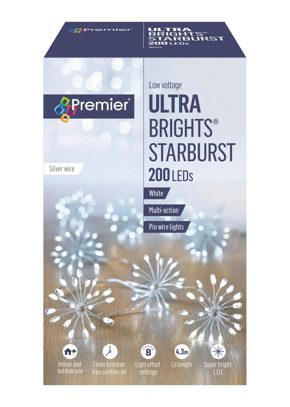Premier Decorations 200 White LED Ultra Brights Starburst Pin Wire Lights - One Size Image 1