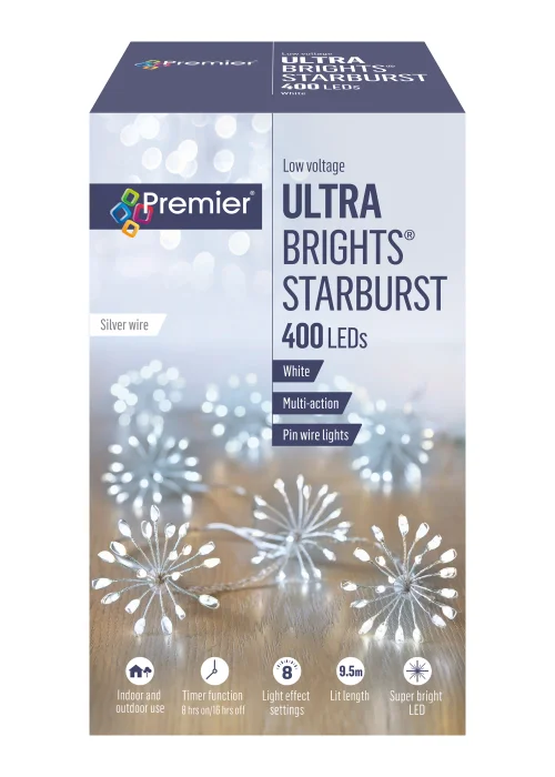 Premier Decorations 400 White LED Ultra Brights Starburst Pin Wire Lights - One Size Image 1