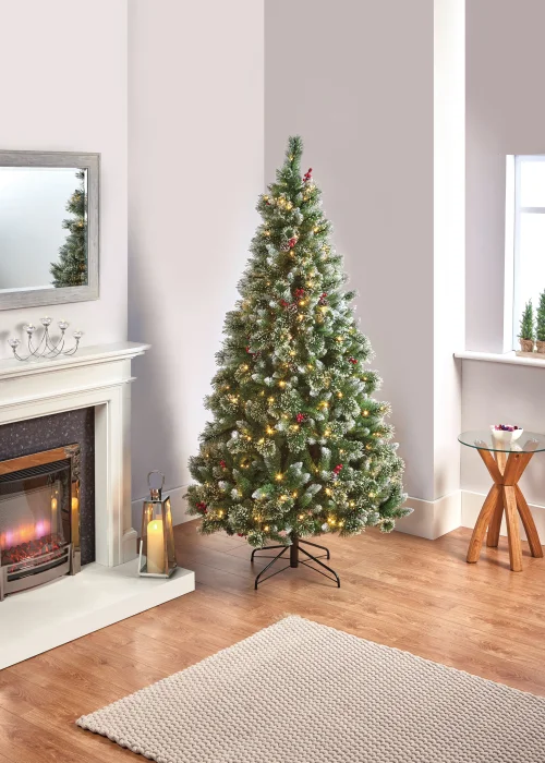 Premier Decorations Pre-Lit Sugar Pine Iced Tipped Christmas Tree with Berries and Pinecones 7ft - 7ft Image 1