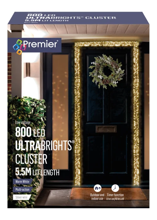 Premier Decorations 800 Warm White LED Silver Wire Ultrabrights Cluster Lights - One Size Image 1