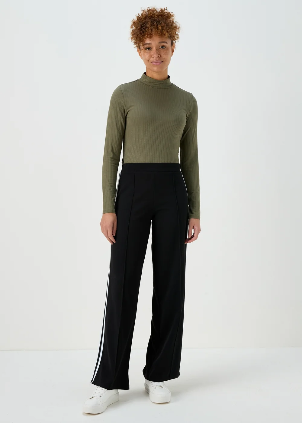 Black Texture Side Stripe Wide Leg Trousers - Size 8 Image 1