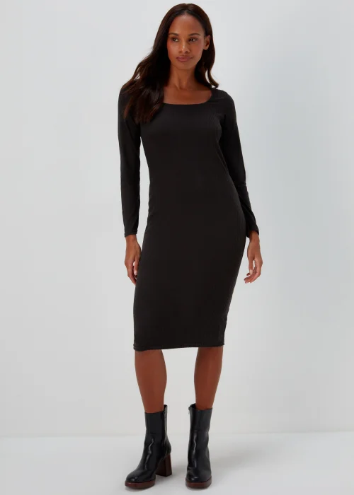 Black Square Neck Ribbed Long Sleeve Midi Dress - 8 Image 1