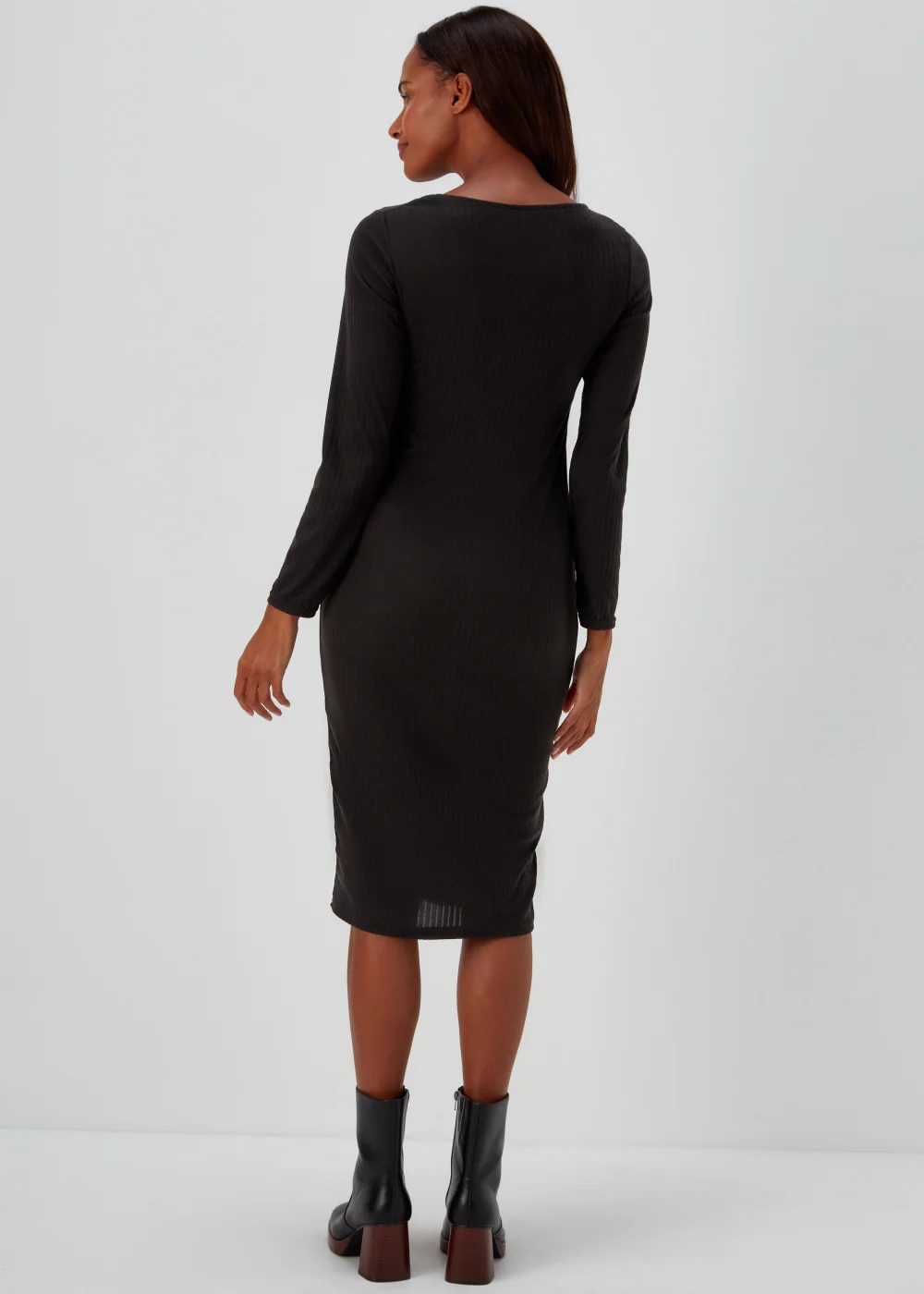 Black Square Neck Ribbed Long Sleeve Midi Dress - 8 Image 2