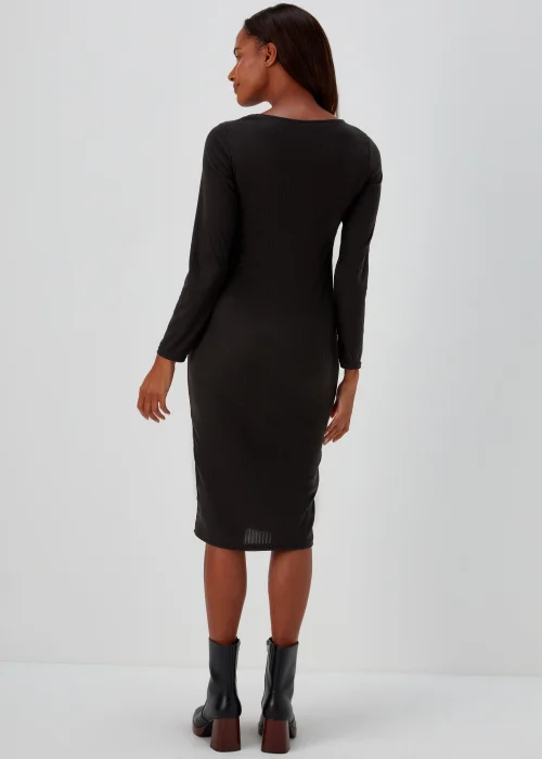 Black Square Neck Ribbed Long Sleeve Midi Dress - 8 Image 2