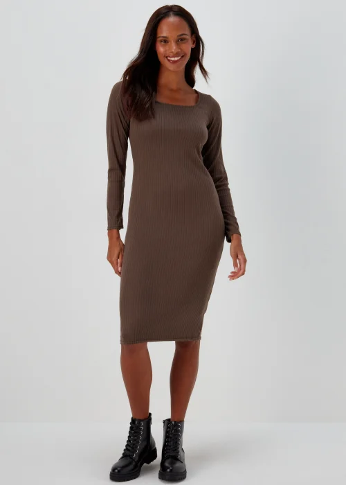 Brown Square Neck Ribbed Long Sleeve Midi Dress - 8 Image 1
