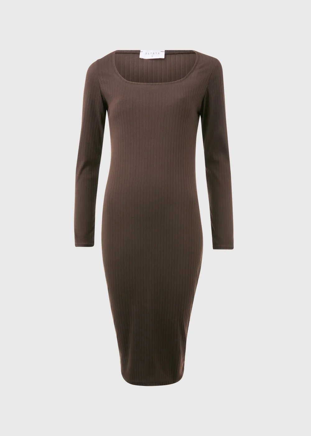 Brown Square Neck Ribbed Long Sleeve Midi Dress - 8 Image 5