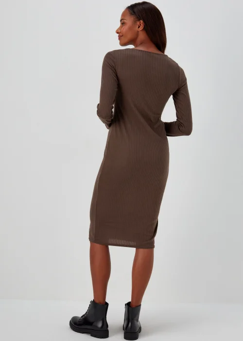 Brown Square Neck Ribbed Long Sleeve Midi Dress - 8 Image 2