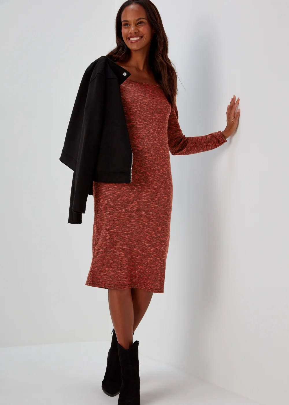 Red Space Dye Square Neck Midi Dress - 8 Image 4