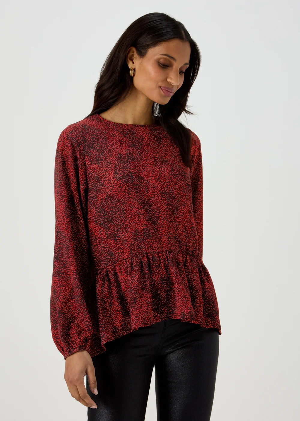 Black & Red Leopard Print Peplum Blouse - 8 Image 1