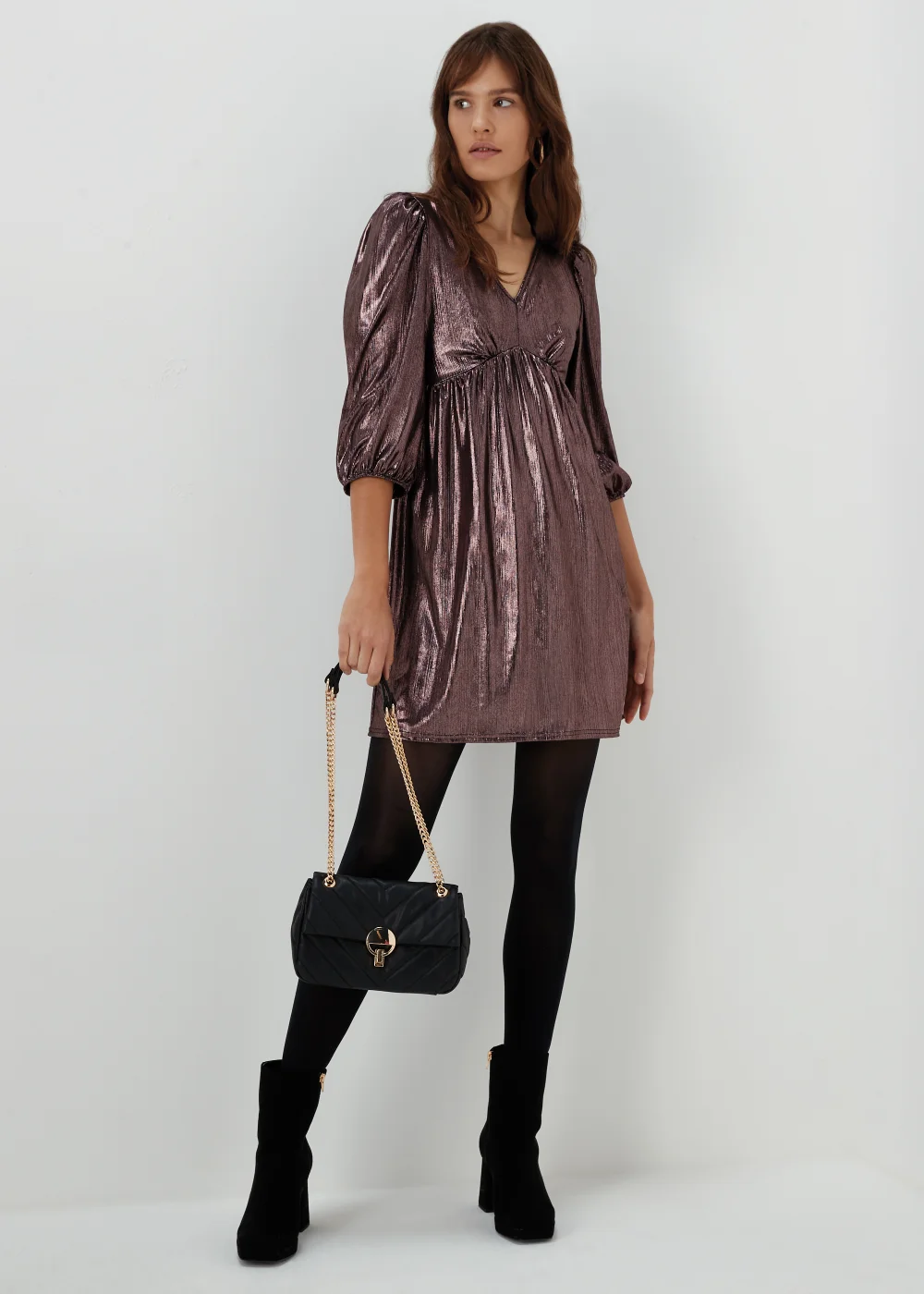 Papaya Petite Rose Gold Metallic Ribbed Mini Dress - 6 Image 4