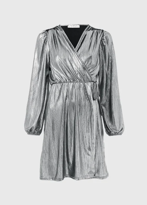 Papaya Petite Silver Metallic Plisse Wrap Mini Dress - 6 Image 5