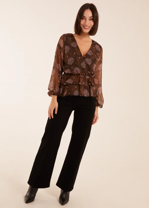 Blue Vanilla Brown Floral Ruffle Wrap Blouse - 10 Image 3