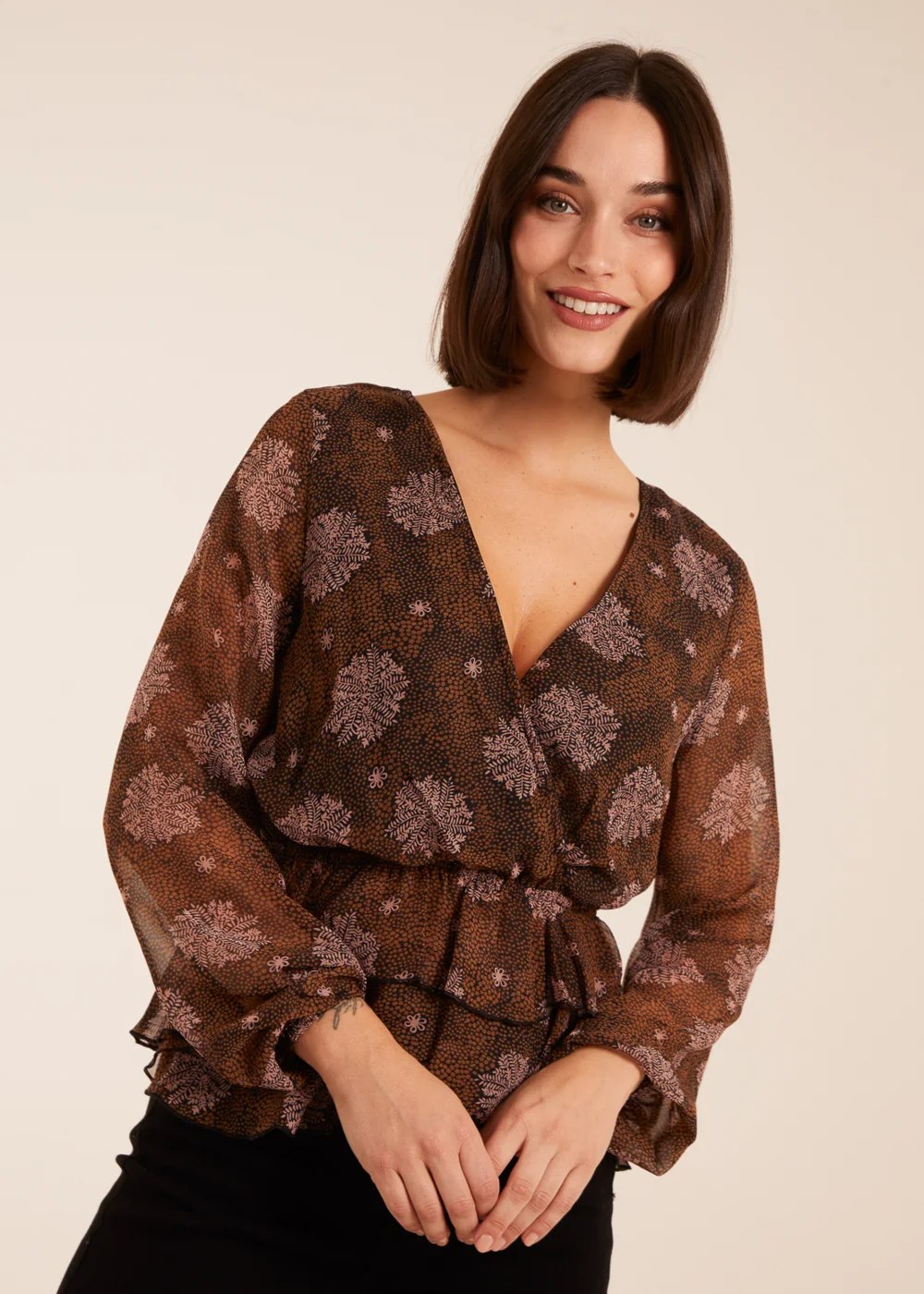 Blue Vanilla Brown Floral Ruffle Wrap Blouse - 10 Image 1