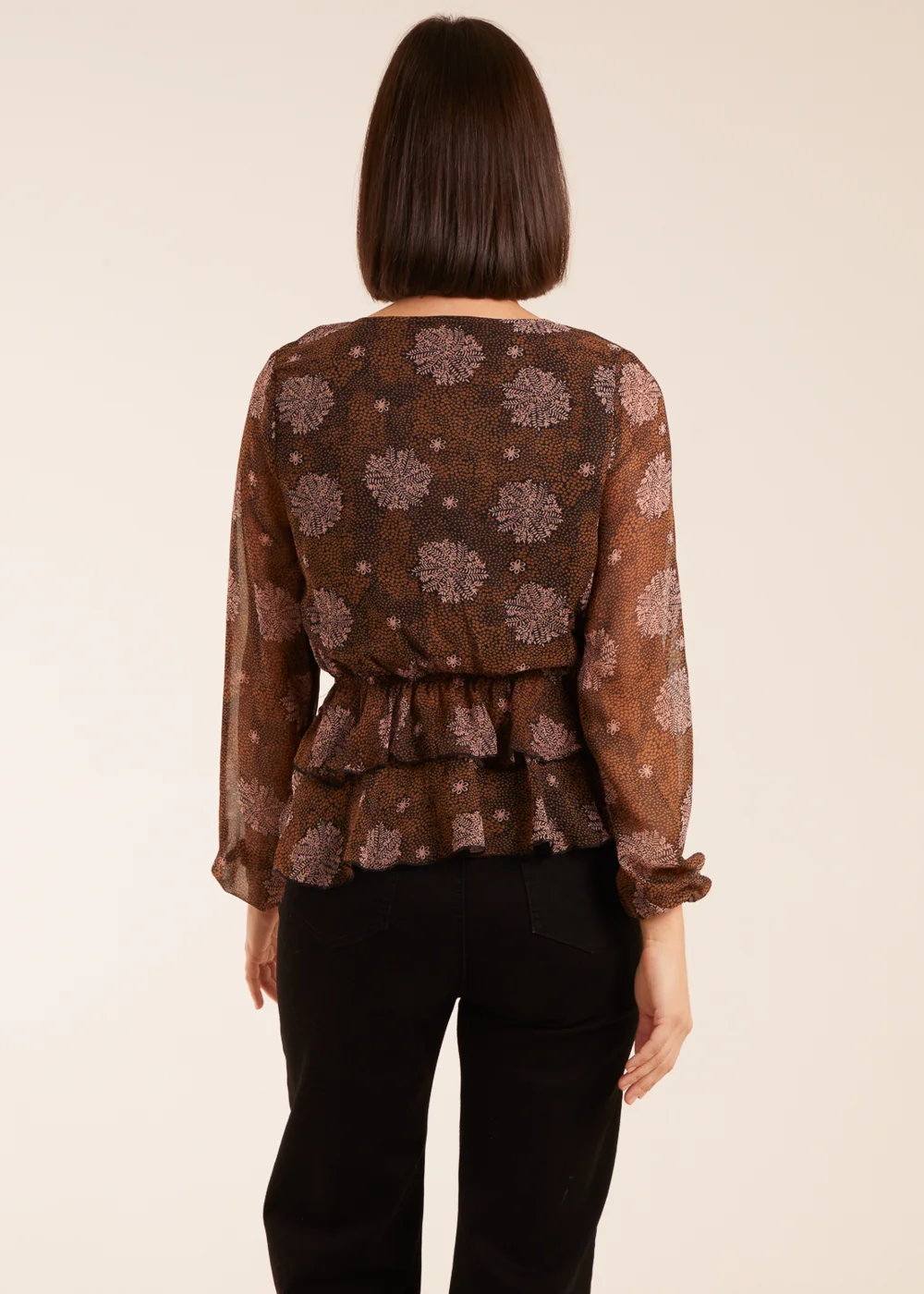 Blue Vanilla Brown Floral Ruffle Wrap Blouse - 10 Image 2