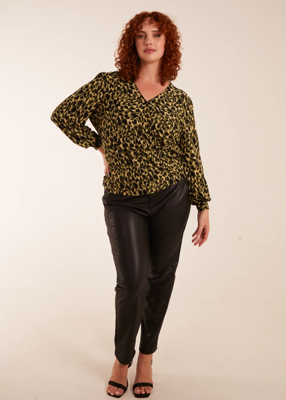 Blue Vanilla Khaki Curve Wrap Front Leopard Print Top - 12 Image 4