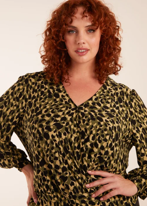 Blue Vanilla Khaki Curve Wrap Front Leopard Print Top - 12 Image 3