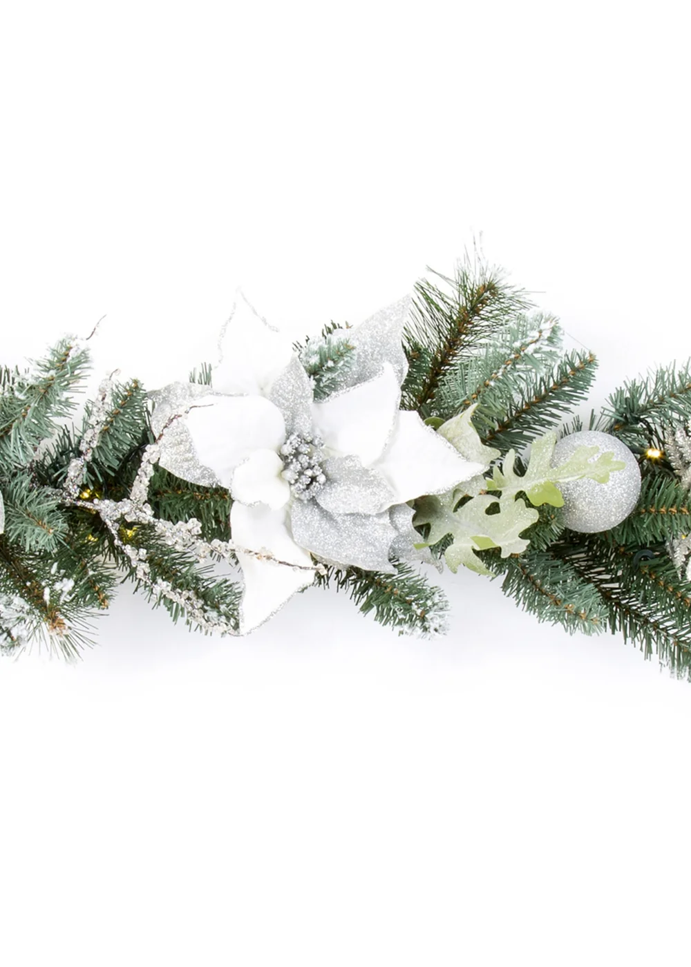 Premier Decorations 1.8m Pre Lit White and Silver Poinsettia Garland with Warm White LEDs - One Size Image 2