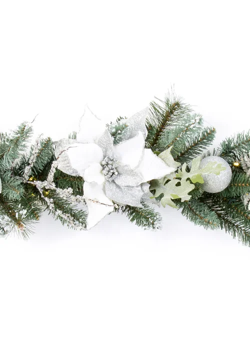 Premier Decorations 1.8m Pre Lit White and Silver Poinsettia Garland with Warm White LEDs - One Size Image 2