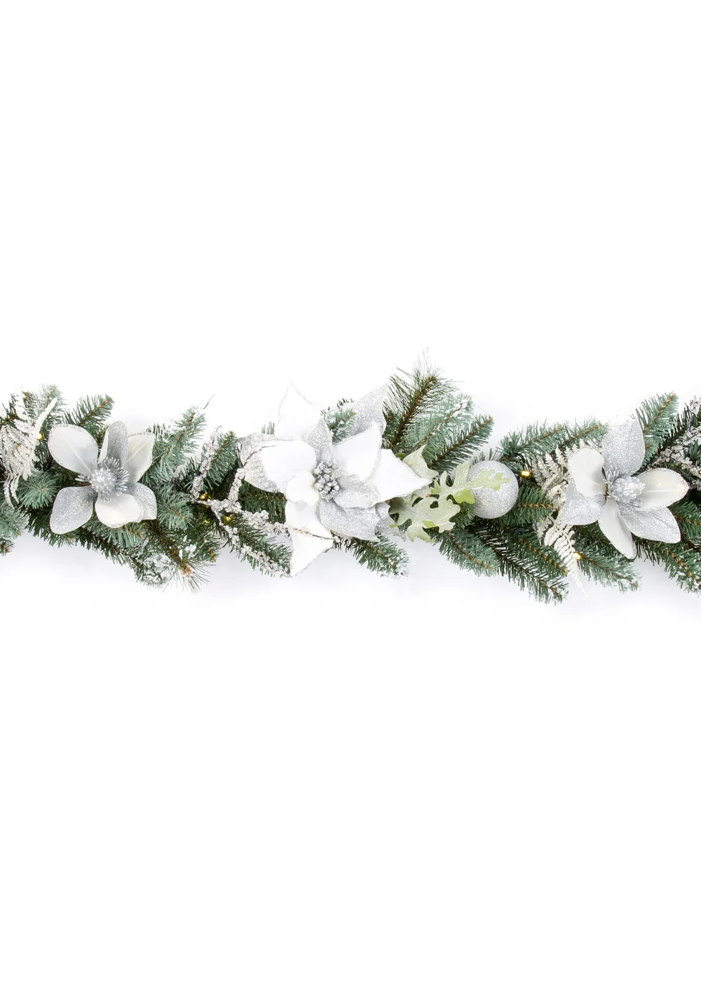 Premier Decorations 1.8m Pre Lit White and Silver Poinsettia Garland with Warm White LEDs - One Size Image 1