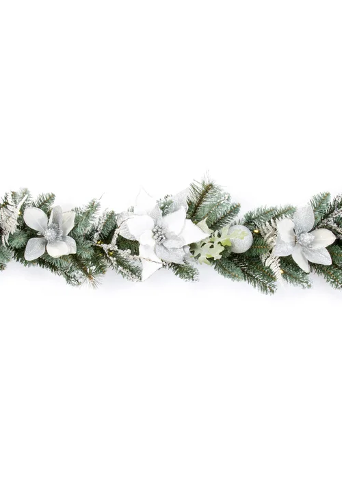 Premier Decorations 1.8m Pre Lit White and Silver Poinsettia Garland with Warm White LEDs - One Size Image 1