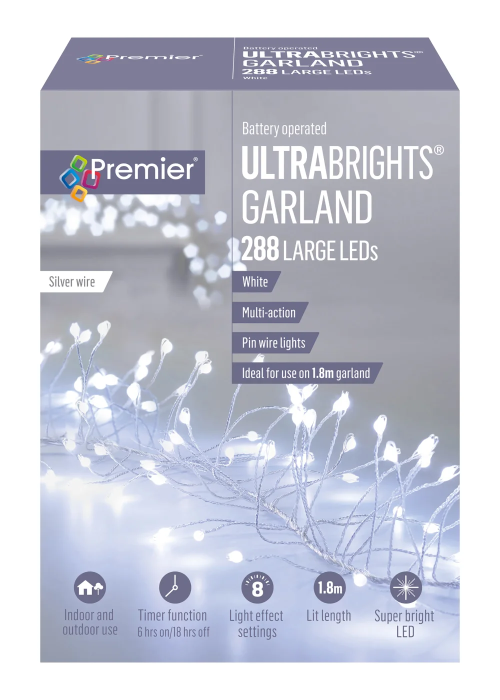 Premier Decorations 288 Large White LED Battery Operated Silver Wire Ultrabrights Garland - No Size Image 1