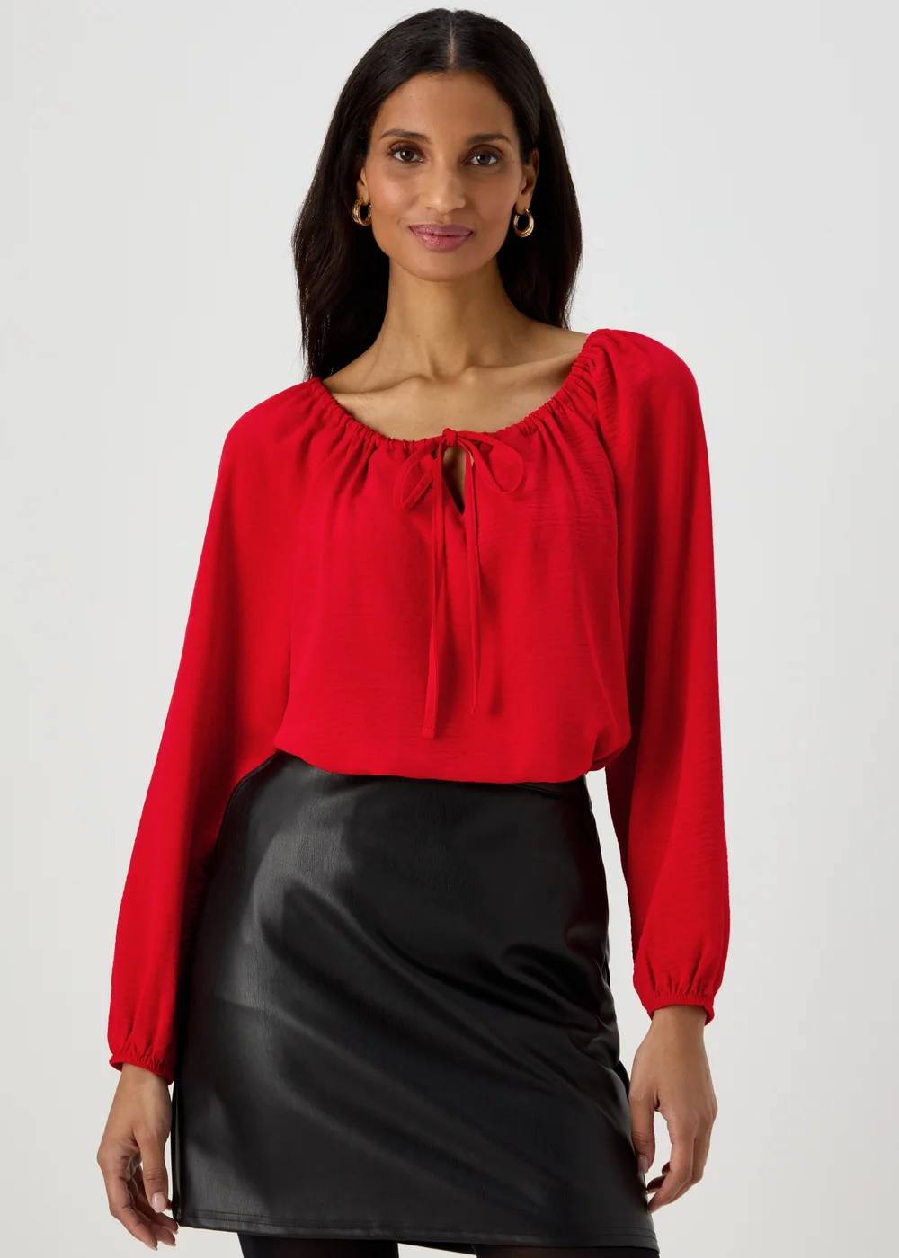 Red Long Sleeve Tie Blouse - 8 Image 1