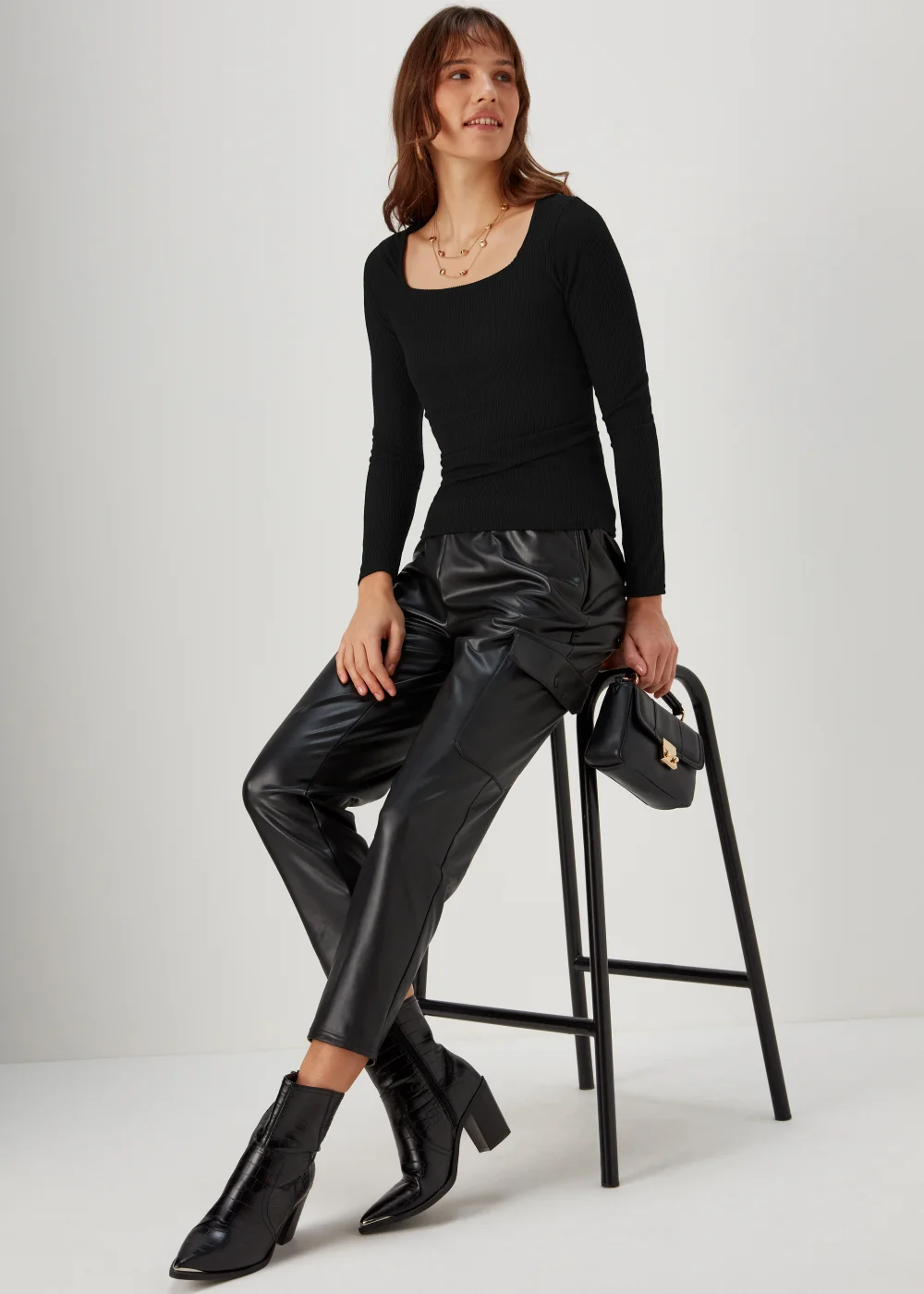 Black Square Neck Ribbed Long Sleeve Top - 8 Image 4