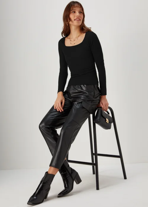 Black Square Neck Ribbed Long Sleeve Top - 8 Image 4