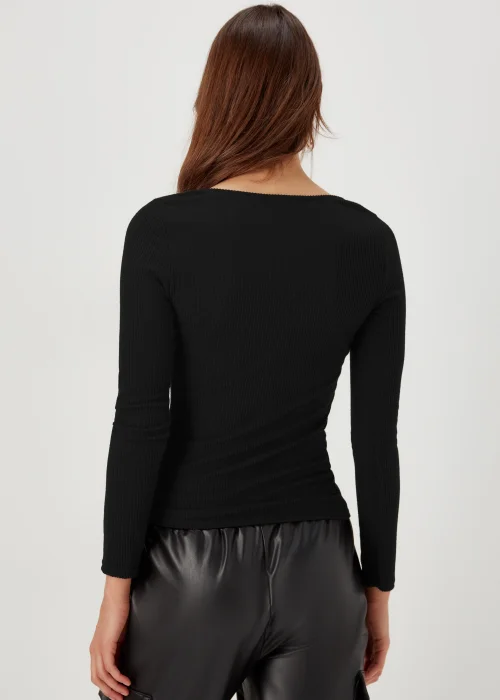 Black Square Neck Ribbed Long Sleeve Top - 8 Image 2