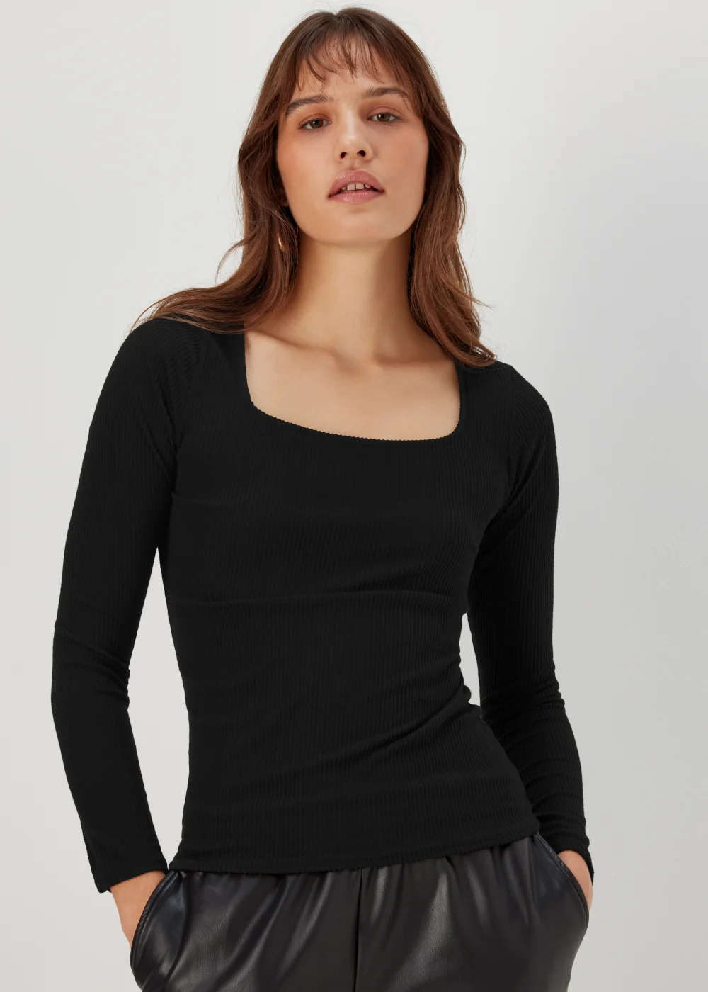 Black Square Neck Ribbed Long Sleeve Top - 8 Image 1