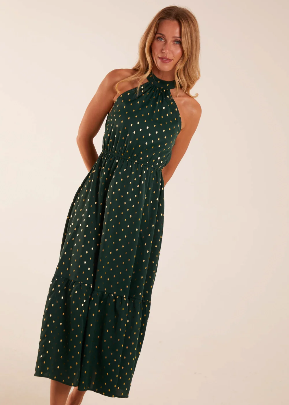 Blue Vanilla Bottle Green Blouson Halter Neck Dress - 8 Image 3